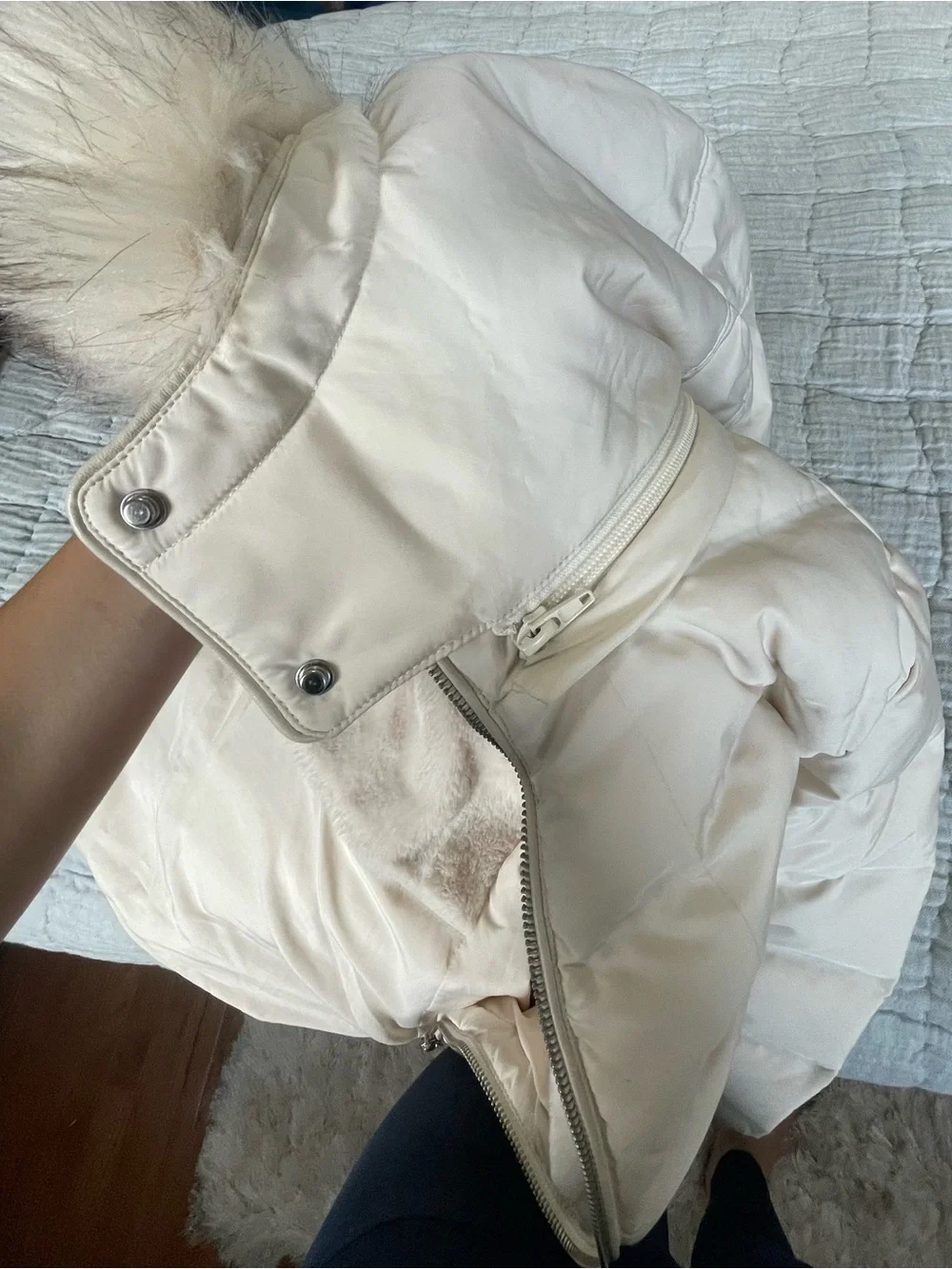 Zara Cream Quilted Hooded Puffer with Faux-Fur Trim